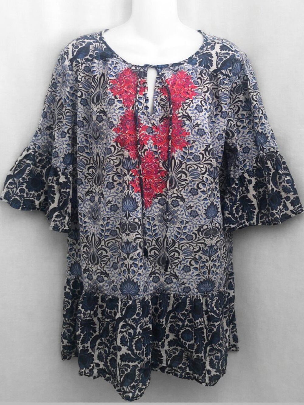 Sundance Embroidered Floral Bird Print Cotton Tunic Shirt Medium